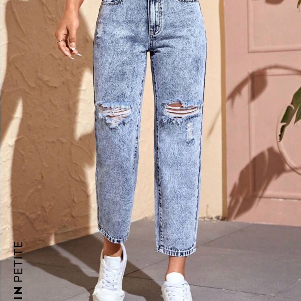 SHEIN PETITE High Waist Ripped Mom Fit Jeans
